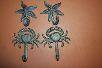4) Antiqued Look Sea Life Wall Hook Set, Crab Coat Hooks, Starfish Wall Hooks,Antiqued Look Cast Iron Bronzed Look Finish, Set of 4