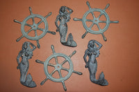 6) Mystical Sailor Mermaid Wall Decor Set of 6, Mermaid wall hooks, Ships Wheel Wall Plaque, Bronze Look Cast Iron