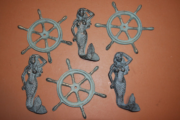 6) Mystical Sailor Mermaid Wall Decor Set of 6, Mermaid wall hooks, Ships Wheel Wall Plaque, Bronze Look Cast Iron