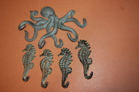 5) Octopus Seahorse Wall Hook Set, Antiqued Verdigris Look Cast Iron, Octopus Towel Jewelry Coat Hat Wall Hooks Set of 5 pieces