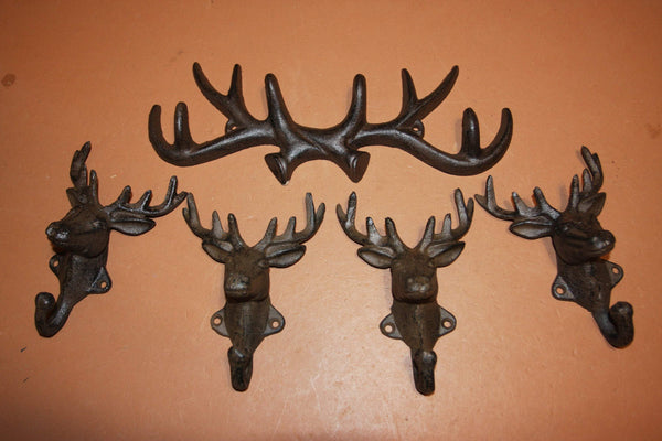 5) Wall Mounted Antler Christmas Gift, Rustic Cast Iron Deer Antler Wall Hooks Set of 5 pieces, Sportsman,  Shipping Included