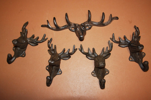 5) Deer Hunter Cast Iron Antler Wall Mounted Coat Wall Hooks, Sportsman Mancave Garage Workshop