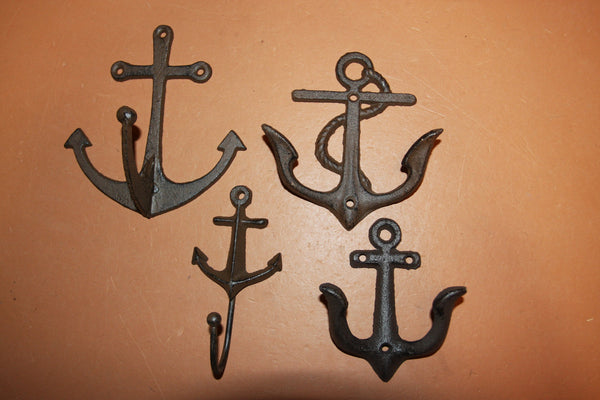 4) Vintage Look Anchor Wall Hook Collection, Rustic Brown Cast Iron, Shipping Included