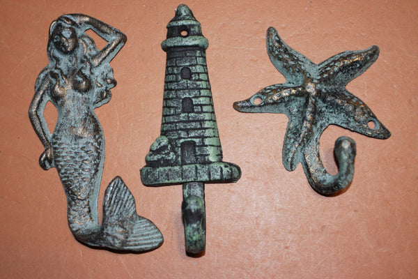 3) Lighthouse Starfish Mermaid Nautical Wall Hook Set, Antiqued Look Cast Iron,  Nautical Wall Hook Set for Coats Hats Purses...