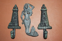 3) Sailor Wall Decor, Lighthouse Mermaid Nautical Wall Hook Set, Antiqued Look Cast Iron,  Nautical Wall Hook Set