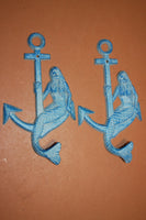Sailor Mermaid Anchor Wall Hook, Aqua Cast Iron 8 3/4 inches tall, N-15