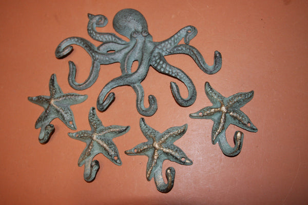 5) Octopus Starfish Wall Hook Set, Antiqued Verdigris Look Cast Iron, Octopus Towel Jewelry Coat Hat Wall Hooks Set of 5 pieces