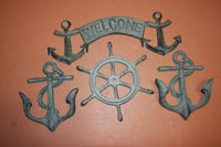 4) Blue Waters Anchor Welcome Sign Wall Hooks Ships Wheel Plaque Set, Cast Iron