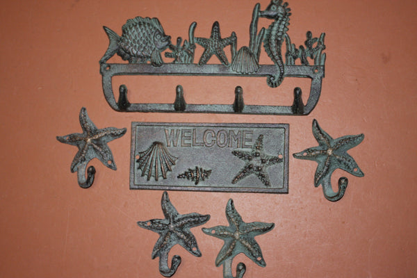 6) Antiqued Look Nautical Welcome Plaque Entryway Coat Wall Hooks Set of 6, Sea Breeze