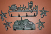 6) Beach House Bathroom Decor, Bronze Look Cast Iron Starfish Towel Robe Purse Wall Hooks, Set of 6, Sea Breeze