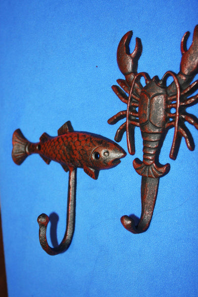 2) Vintage Look Seafood Towel Hooks Red Bronze Look Cast Iron, Lobster Fish Wall Hooks