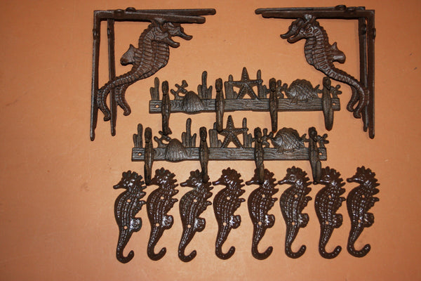 14) Seahorse Wall Shelf Brackets Matching Wall Hooks Deluxe Set 14 pieces, Seahorses Galore, Rustic Cast Iron Coastal Decor