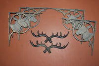 8) Deer Head shelf brackets / Antler coat hat key wall hooks rack set, solid cast iron