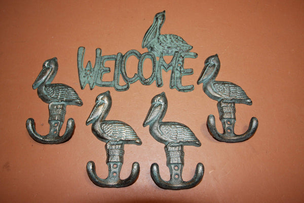 5) Pelican Welcome Plaque Coat Hat Wall Hook Set, Bronze Look Cast Iron, Shorelore Collection
