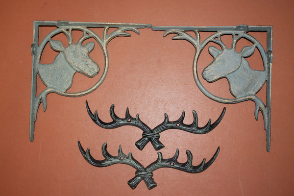 4) Deer Hunter Wall Decor, Bronze Look wall mounted shelf brackets / coat hat key wall hooks set, solid cast iron