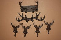 6) Deer Hunter Fathers Day Gift, Cast Iron Antler Deer Head Wall Decor, Wall Hooks for coats hats towels jackets, Deer Fever