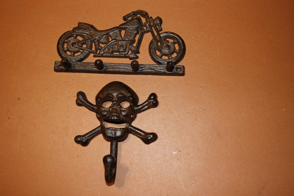 2) Skull Crossbones Motorcycle Decor, Cast Iron Wall Hooks, Mancave Garage Workshop, H-03