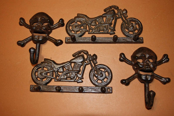 4) Fathers Day Gift Skull Crossbones Motorcycle Decor, Cast Iron Wall Hooks, Mancave Garage Workshop, H-03