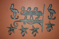 7) Key West Home Collection  Bronze-look Cast Iron, Flamingo Plant Hanger Pelican Wall Hook Set