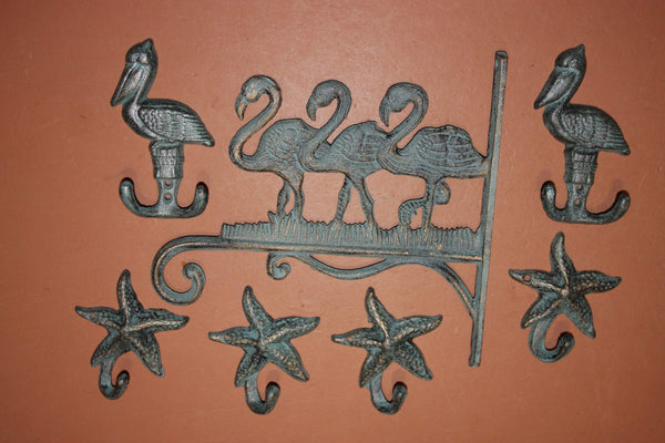7) Key West Home Decor Collection Flamingo Plant Hanger Pelican Wall Hook Set, Bronze-look Cast Iron