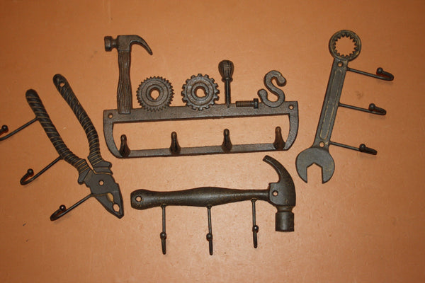 4) Rustic Tools Cast Iron Wall Hooks Set, Hammers Pliers Wrench Set of 4