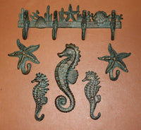 6) Blue Lagoon Bronzed Look Cast Iron Sea Life Wall Hook Collection
