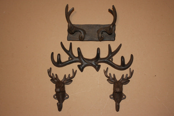 4) Deer Fever Coat Hat Wall Hook Set, Cast Iron Antler Rack Deer Head Decor