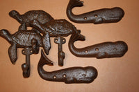 6) Rustic Nautical Beach house Coat Hooks ~ Cast Iron Sea Turtle & Whale Design,  H-102 103