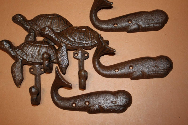 6) Rustic Nautical Beach house Coat Hooks ~ Cast Iron Sea Turtle & Whale Design,  H-102 103