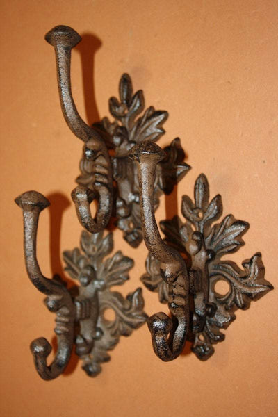 Vintage Style Elegant Coat & Hat Double Wall Hooks Ornate Cast Iron 6 inch high, Volume Priced ~  H-14