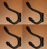 4) Acorn Double Hook Wall Hooks, Solid Cast Iron 4 1/2&quot; tall, Black, Set of 4 ~  &quot;C inch H-18
