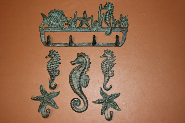 6) Blue Seas Seahorse Starfish Wall Hooks Vintage Style Tiki Bar Decor, Bronze look cast iron