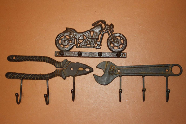 3) Rustic Motorcycle Decor Gift For Him , Cast Iron Coat Hat Wall Hooks perfect for mancave garage workshop ~ Riding High Gift Set