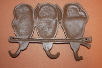 Hear No Evil, Speak No Evil, See No evil, Owl garden wall hook, cast iron 9 inches wide, volume priced, H-13