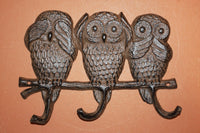 Garden Club Gifts Owl design garden wall hooks~ Hear No Evil, Speak No Evil, See No evil, cast iron 9&quot; wide, volume priced, H-13