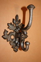 French Victorian Coat & Hat Double Wall Hooks Ornate Cast Iron 6 inch high, Volume Priced ~  H-14