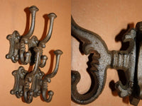 4) DIY Hall Tree Coat & Hat Double Hooks Vintage Look Cast Iron 5 3/4&quot; tall. Set of 4 ~  H-17