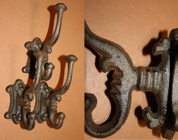 3) Old Fashion Coat & Hat Double Hooks Vintage Look Cast Iron 5 3/4&quot; tall. ~  H-17