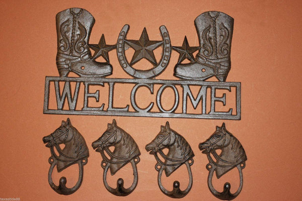 5) Fathers Day Gift Texas Farm Ranch Decor Lone Star Welcome Cast Iron Plaque with 4 Cowboy Wall Hooks