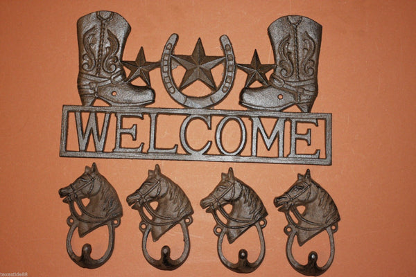 5) Dad Gift Texas Cowboy Cast Iron Welcome Coat Hat Hook Set Solid Cast Iron