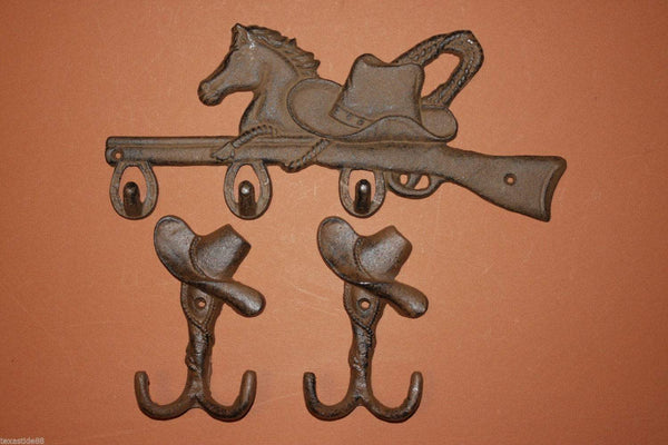 1 set, Horse, Rifle, Plaque, 2 cowboy hat, Wall Hooks, shed hooks, tack hooks, garage wall hooks, Country Western, kids country decor