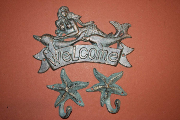 3 pcs,Mermaid, Starfish, Welcome, Welcome Plaque, Mermaid, starfish, dolphins,welcome sign, bronze look, mermaid decor, BL-40 & 37~