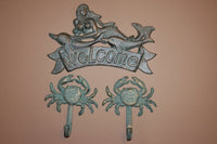 3 pcs, Mermaid, Welcome plaque, Ocean, Crab, wall hooks, mermaids, cast iron, free shipping, mermaid gift, nautical, ocean, gift BL