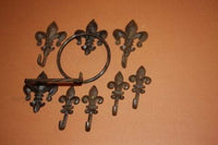 8) pcs, Fleur De Lis bath accessories, free shipping, towel ring, toilet paper holder, wall hooks, cast iron,  F2,3,F13x2,F4x4