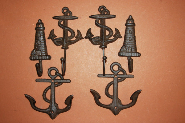 6) Antique-look Maritime Home Decor Set Anchor Wall Hooks Lighthouse Wall hooks, Sailor Coat Hat Wall Hooks, Solid Cast Iron