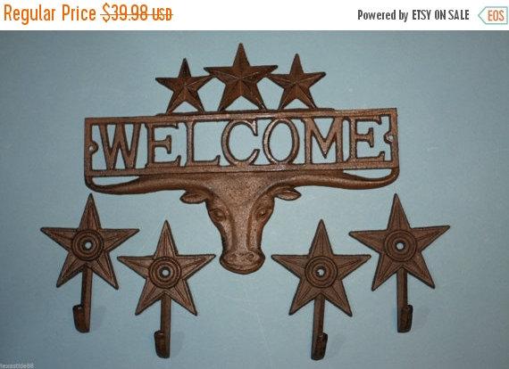 5) Fathers Day Gift Texas Cabin Welcome Plaque Gift Set, Longhorn Welcome Lone Star Wall Hooks