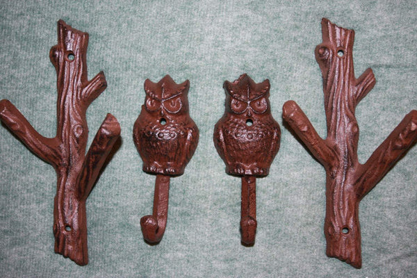 4 pieces) Forest Owl home decor, coat hook, hat hook, free shipping, cast iron forest owl wall hook, rustic brown,H-42, W-xx