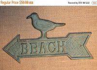 5 pcs) Decorative cast iron beach sign featuring a sea gull, point to the beach sign, free shipping, bronze look finish, vintage loo