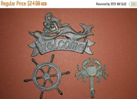 3) pcs, 1 set, Mermaid swimming with dolphins,Welcome Sign,ships wheel, crab,Nautical welcome, Welcome,Bronzed Look,BL-40,41,34