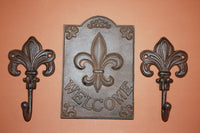 3)pcs, Fleur De Lis Welcome sign, French welcome plaque, Fleur De Lis wall hooks, free shipping, cast iron, Fleur de Lis,F-9, F-12